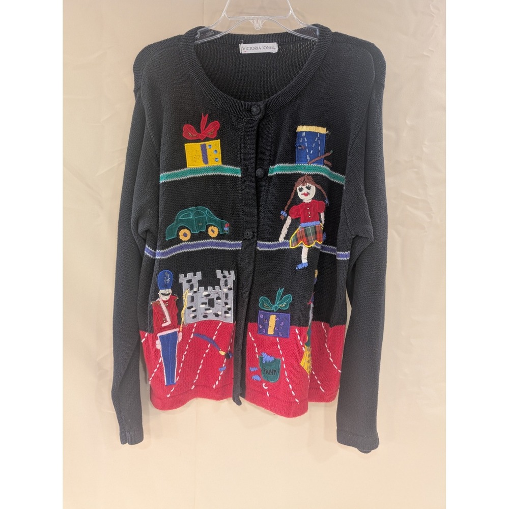 Victoria Jones Novelty Knit Cardigan Sweater Christmas Toys Ugly Sweater Large - Picture 1 of 3